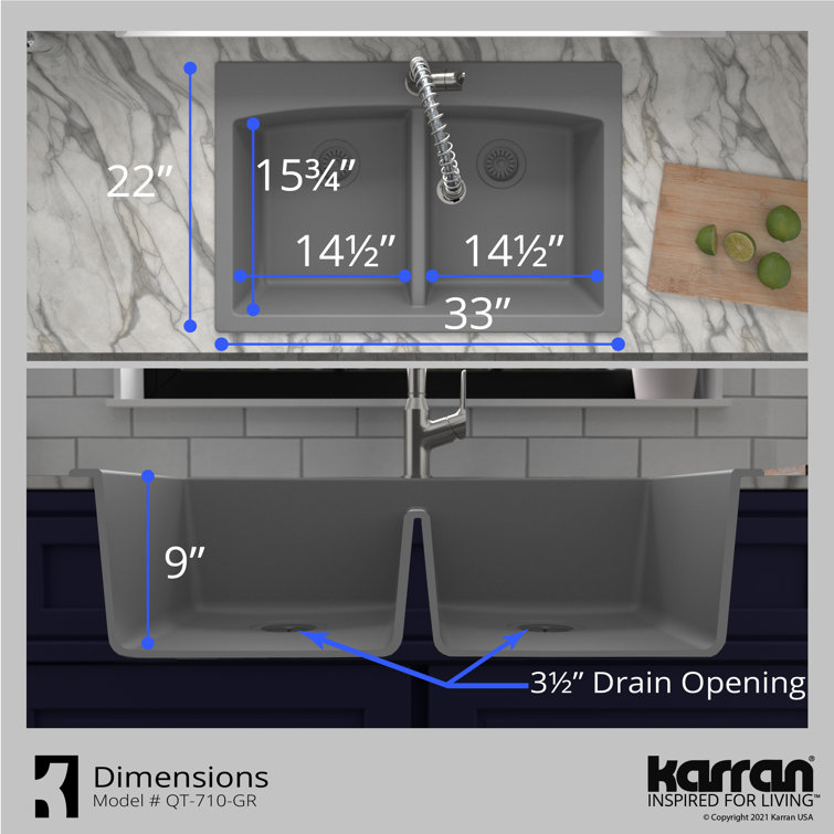Gray Quartz 33'' Double Bowl Farmhouse Kitchen Sink Kit