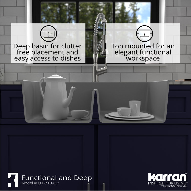 Gray Quartz 33'' Double Bowl Farmhouse Kitchen Sink Kit
