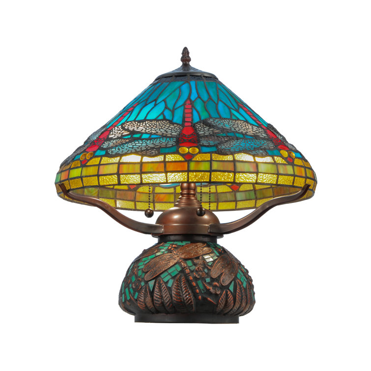 Blue Stained Glass Dragonfly Table Lamp with Mahogany Base