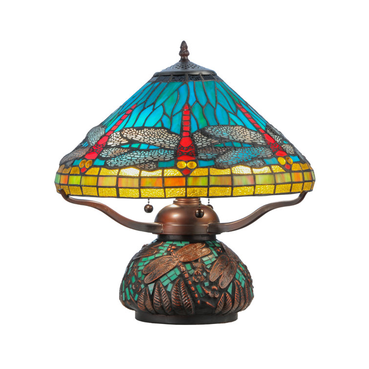 Blue Stained Glass Dragonfly Table Lamp with Mahogany Base