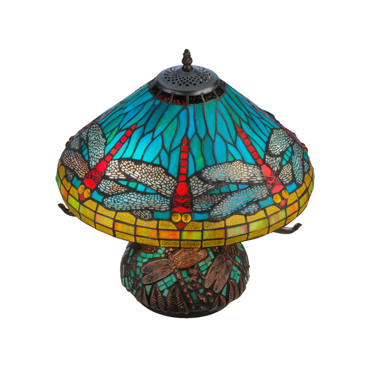 Blue Stained Glass Dragonfly Table Lamp with Mahogany Base