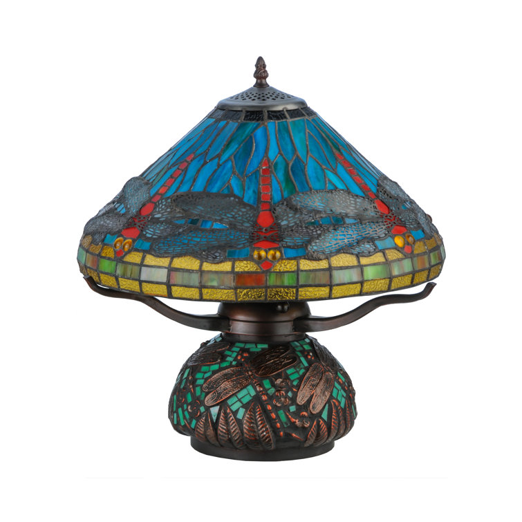 Blue Stained Glass Dragonfly Table Lamp with Mahogany Base