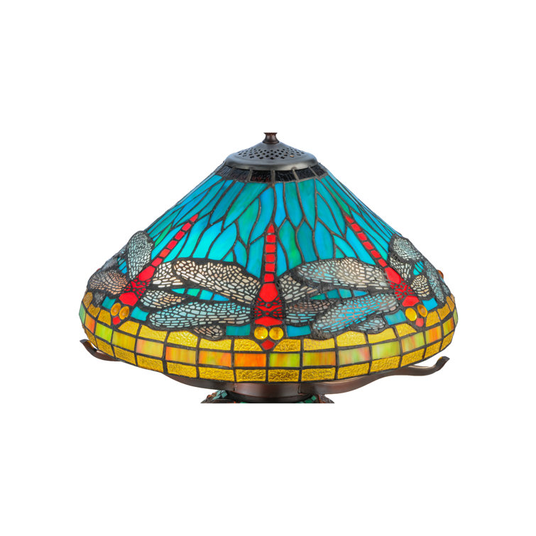 Blue Stained Glass Dragonfly Table Lamp with Mahogany Base