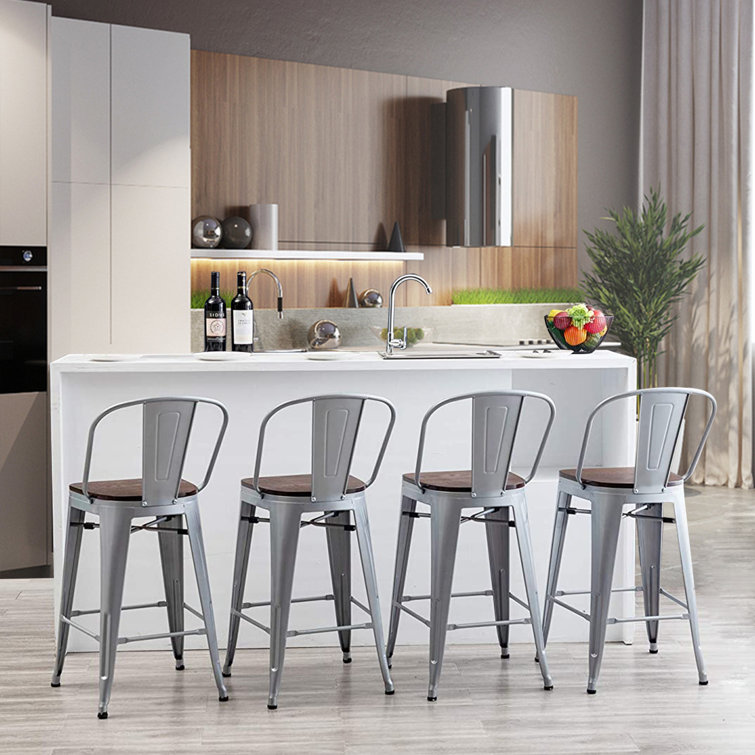 Silver Industrial Metal and Wood Counter Stools, Set of 4