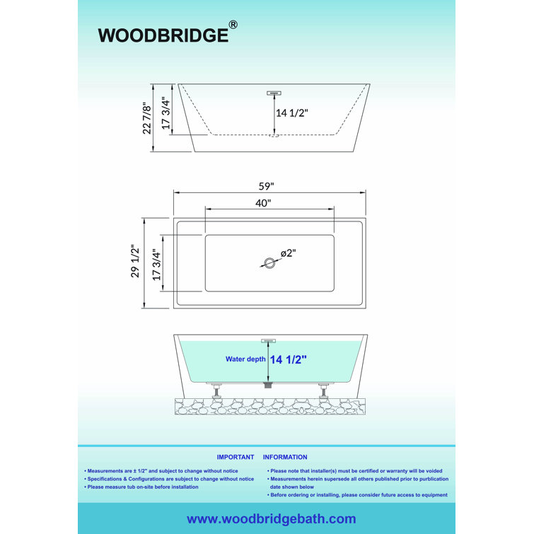 59'' White Acrylic Freestanding Rectangular Bathtub with Brushed Gold Trim