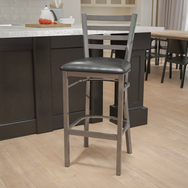 Luxe Black Vinyl and Clear Coated Metal Ladder Back Barstool