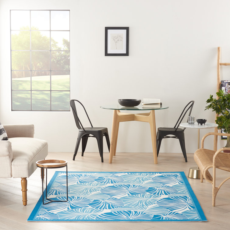 Blue Tropical Leaf Pattern Rectangular Outdoor Rug