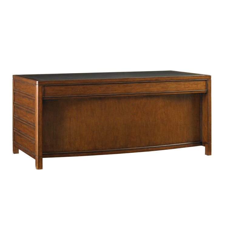 Transitional Brown Hickory Home Office Desk with Leather Top
