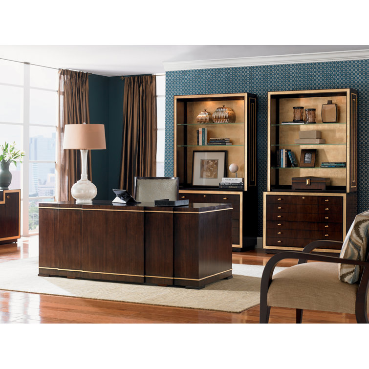 Brown Wood Executive Desk with Drawers and Keyboard Tray