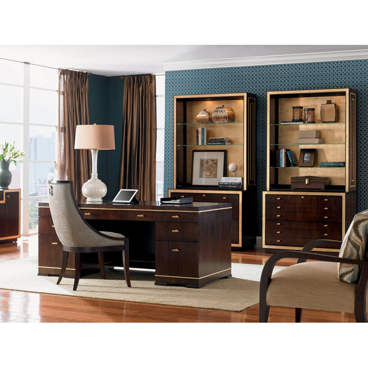 Brown Wood Executive Desk with Drawers and Keyboard Tray