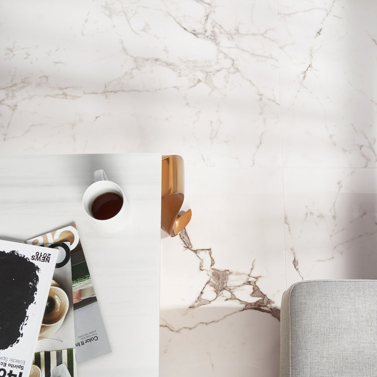 Large Format White Polished Porcelain Marble Look Tile