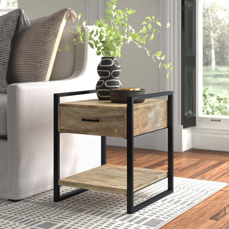 Riverside Black Metal and Natural Wood 20" Industrial Side Table with Storage