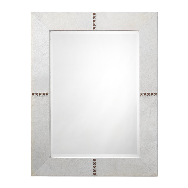 White Leather Rectangular Accent Mirror with Stitching