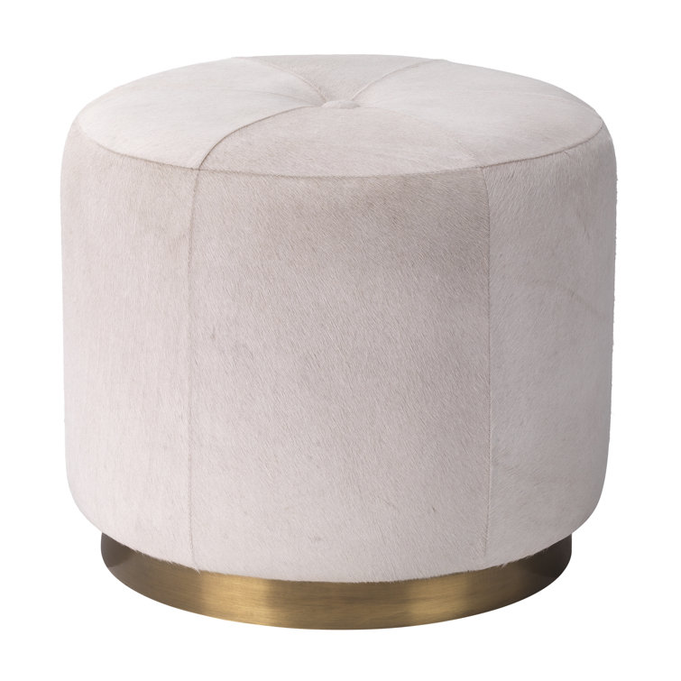 Sanford Round White Hair-on-Hide Pouf with Brass Base