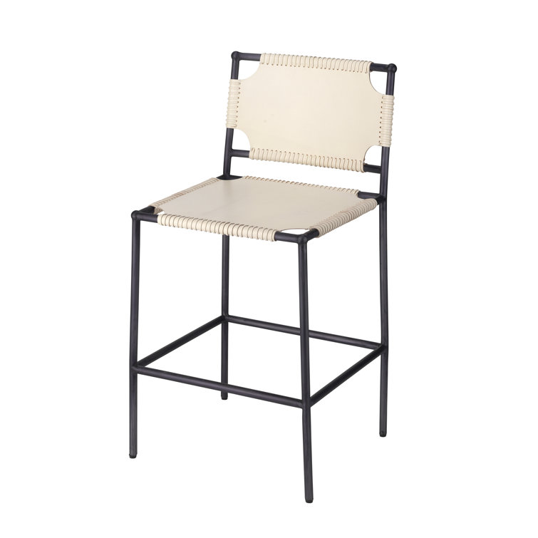 Off-White Leather and Black Metal 24" Counter Stool