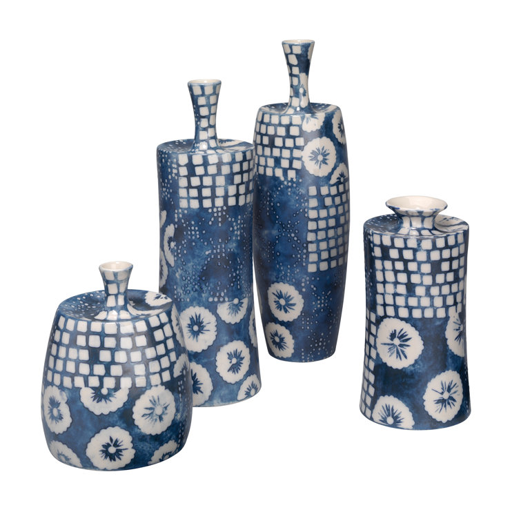 Indigo and White Ceramic Decorative Table Vases Set