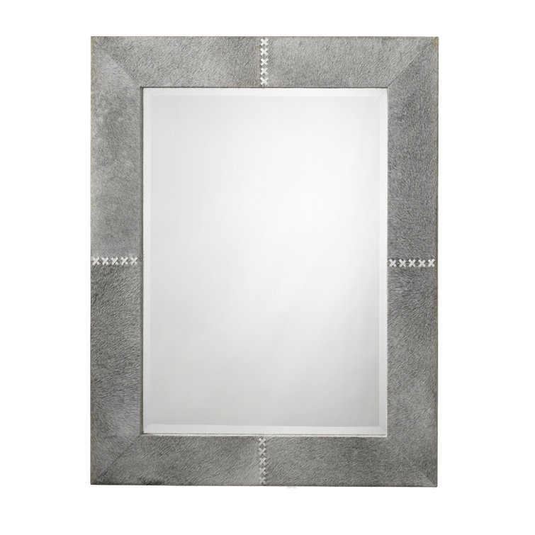 Gray Leather Rectangular Wall Mirror with Stitch Detail