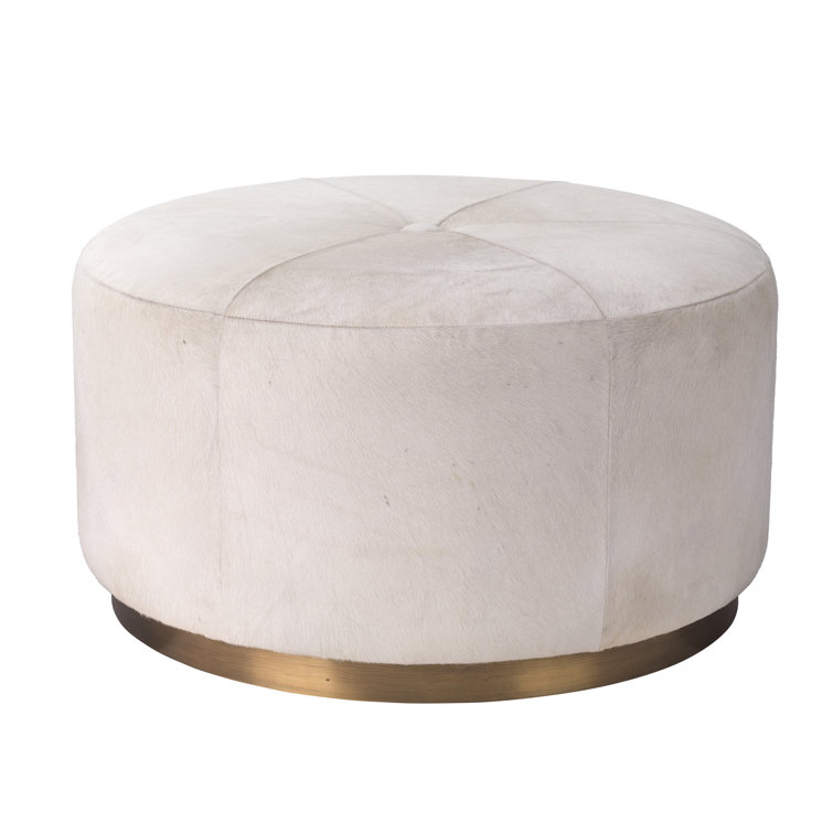 Thackeray Round White Velvet Brass-Accented Pouf