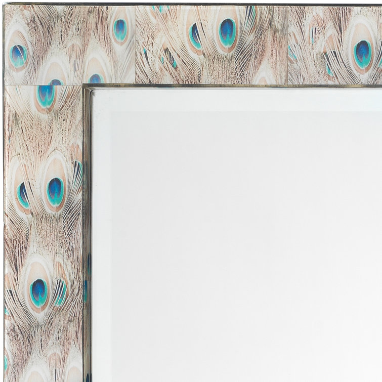 Plume Beveled Wood Frame Accent Mirror with Peacock Patterns