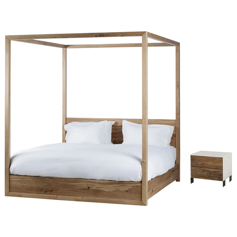 King Oak Four-Poster Bed with Upholstered Headboard