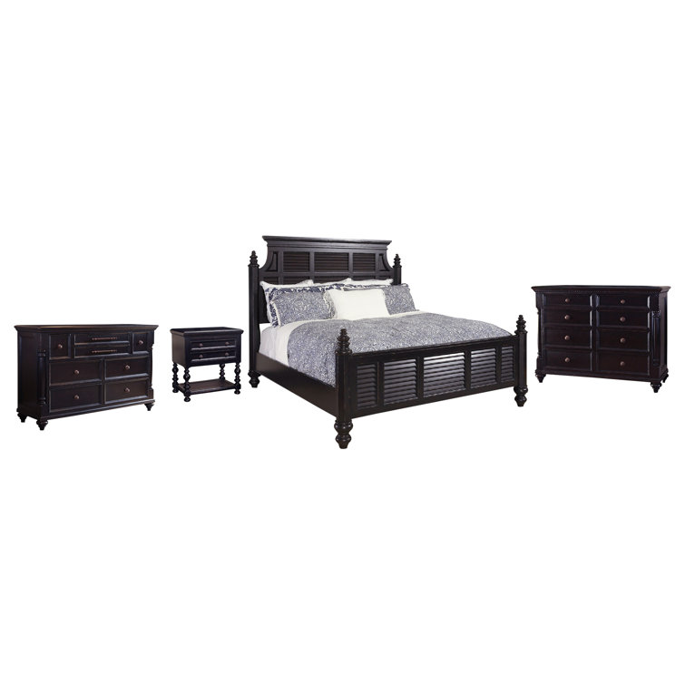 Queen-Sized Malabar Black Poster Bed with Upholstered Headboard