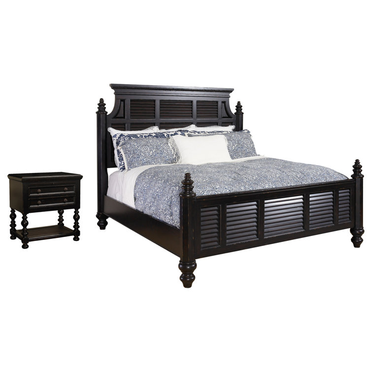 Queen-Sized Malabar Black Poster Bed with Upholstered Headboard