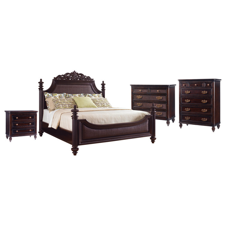 Kona Finish Mahogany Queen Bed with Upholstered Rattan Headboard