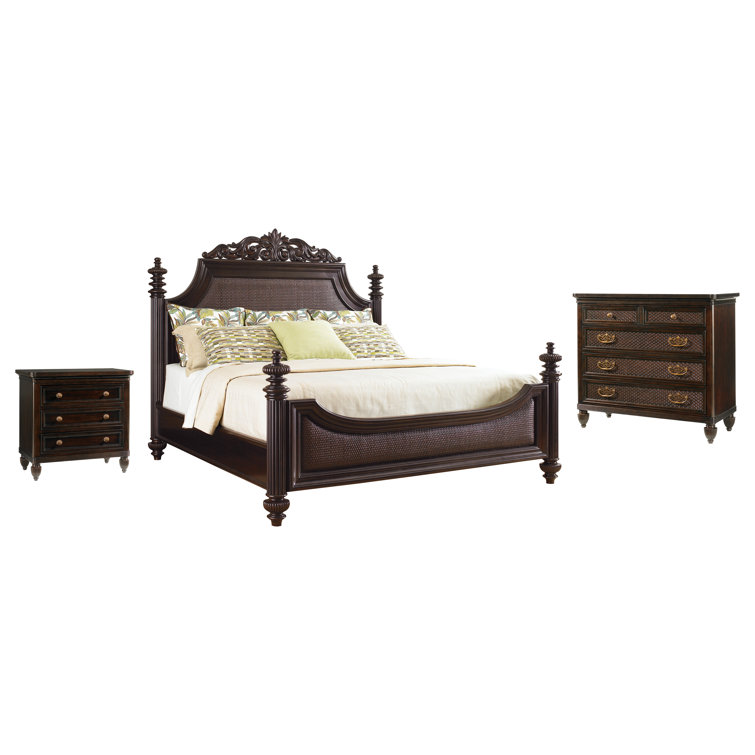 Kona Finish Mahogany Queen Bed with Upholstered Rattan Headboard