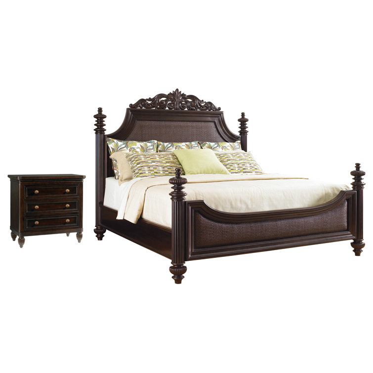 Kona Finish Mahogany Queen Bed with Upholstered Rattan Headboard