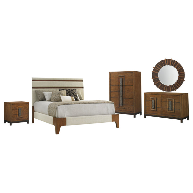 Transitional California King Upholstered Bed with Linen Weave in Brown/Cream