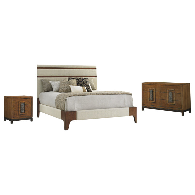 Transitional California King Upholstered Bed with Linen Weave in Brown/Cream