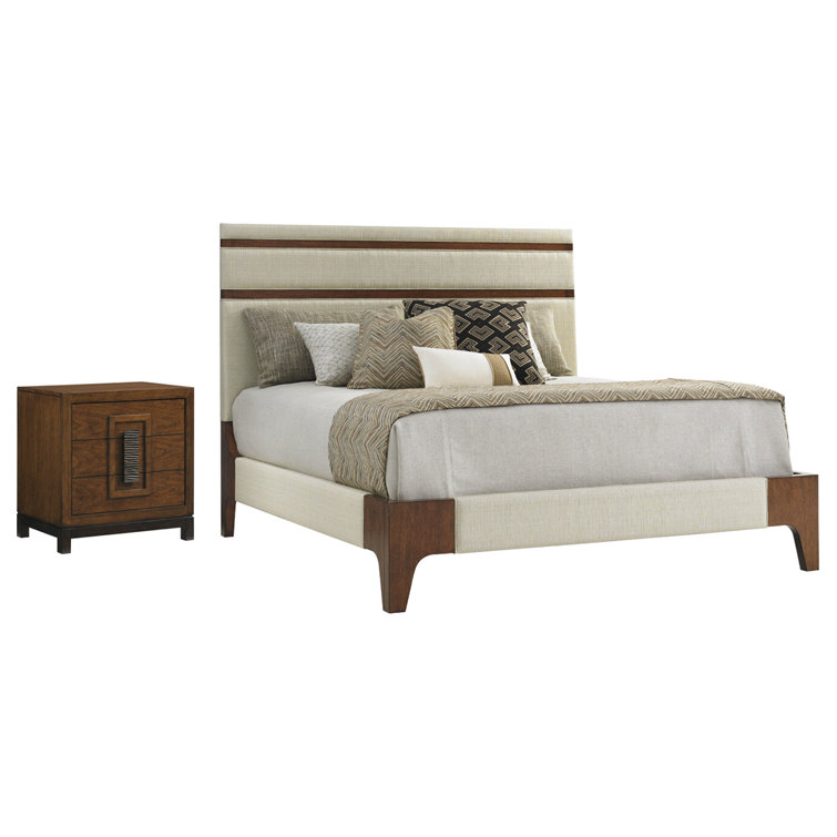 Transitional California King Upholstered Bed with Linen Weave in Brown/Cream