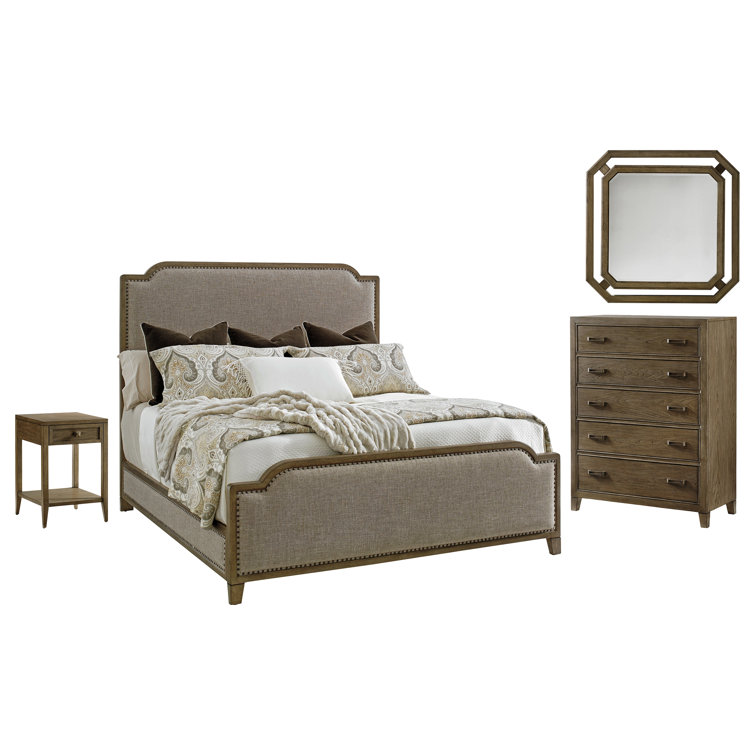 Transitional Hatteras Gray King Upholstered Bed with Nailhead Trim