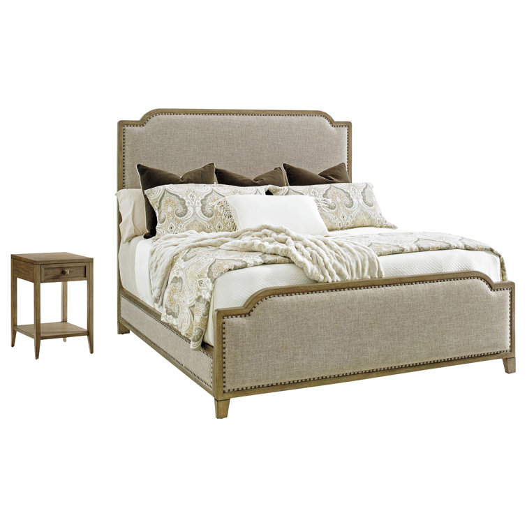 Transitional Hatteras Gray King Upholstered Bed with Nailhead Trim