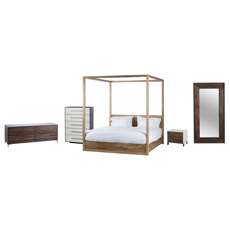 King Oak Four-Poster Bed with Upholstered Headboard