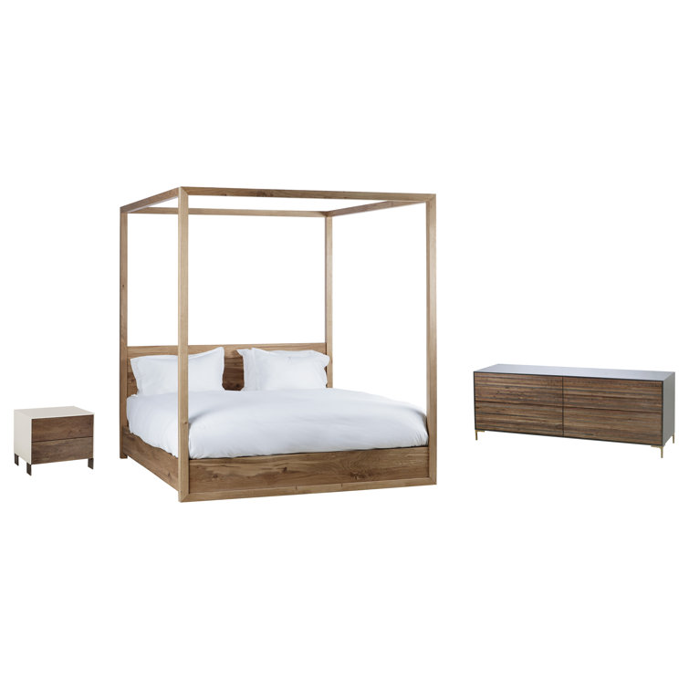 King Oak Four-Poster Bed with Upholstered Headboard