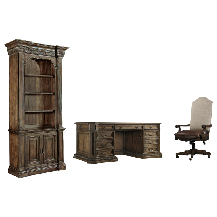 Rustic Walnut Traditional Executive Desk with Filing Cabinet