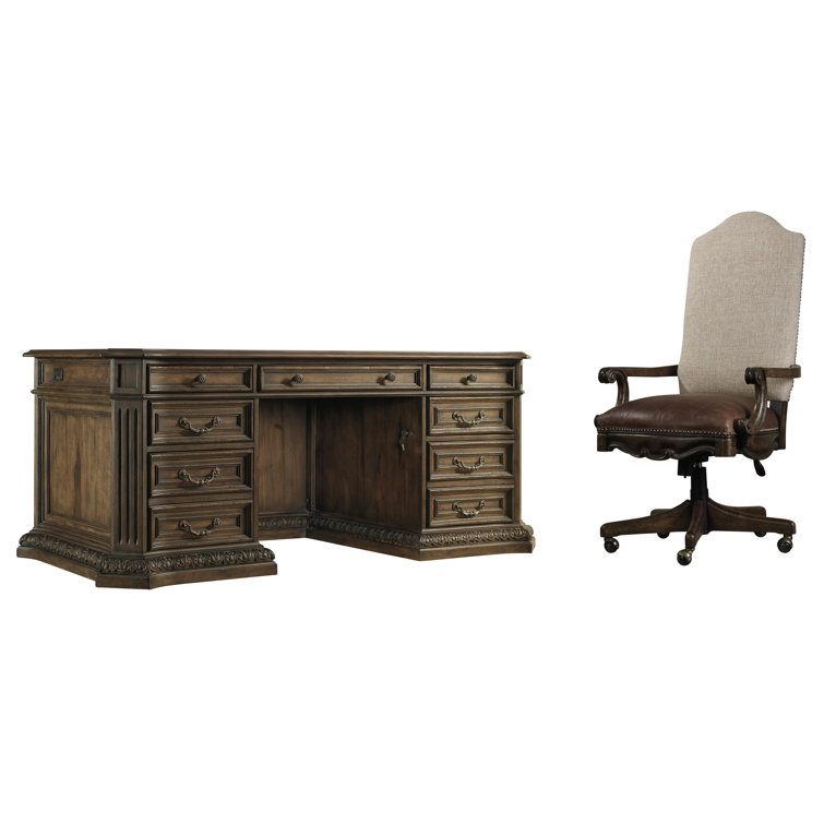 Rustic Walnut Traditional Executive Desk with Filing Cabinet