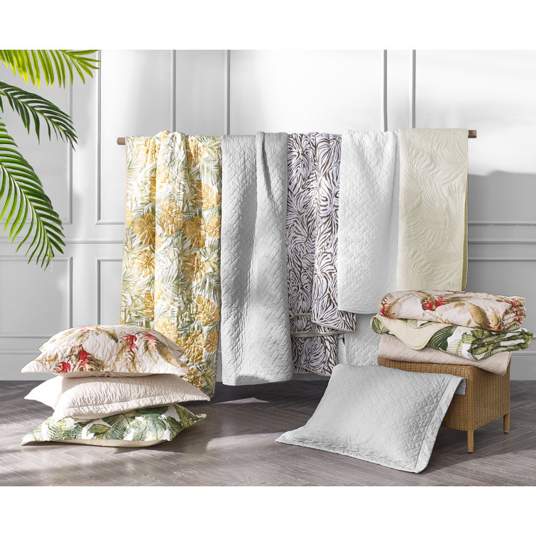 Twin White Cotton Reversible Quilt Set with Green Palm Design