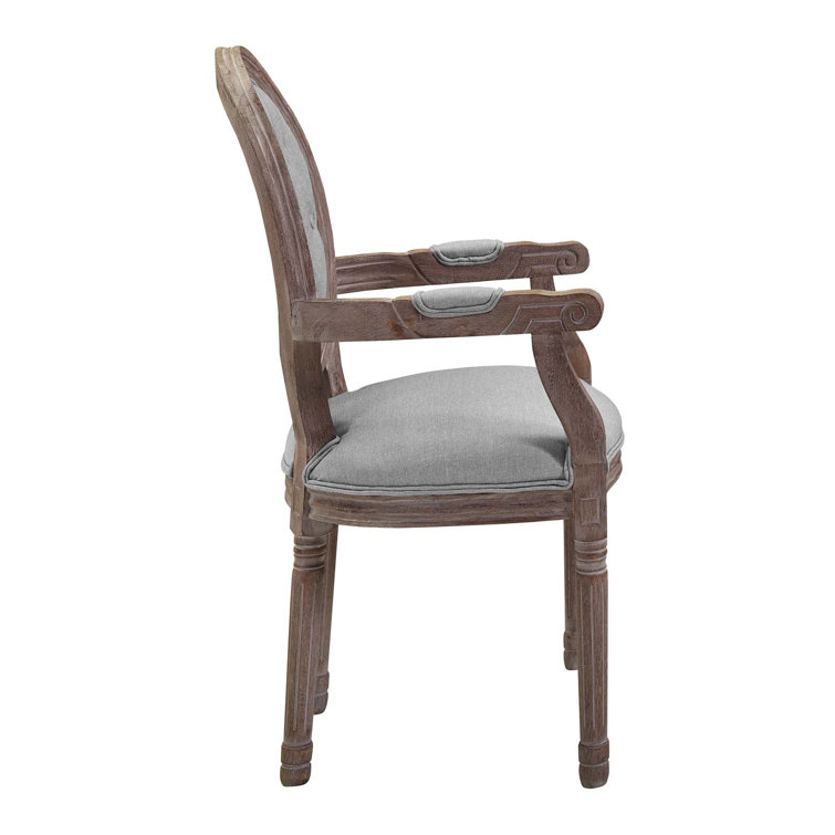 Elegant Vintage French Light Gray Upholstered Wood Arm Chair