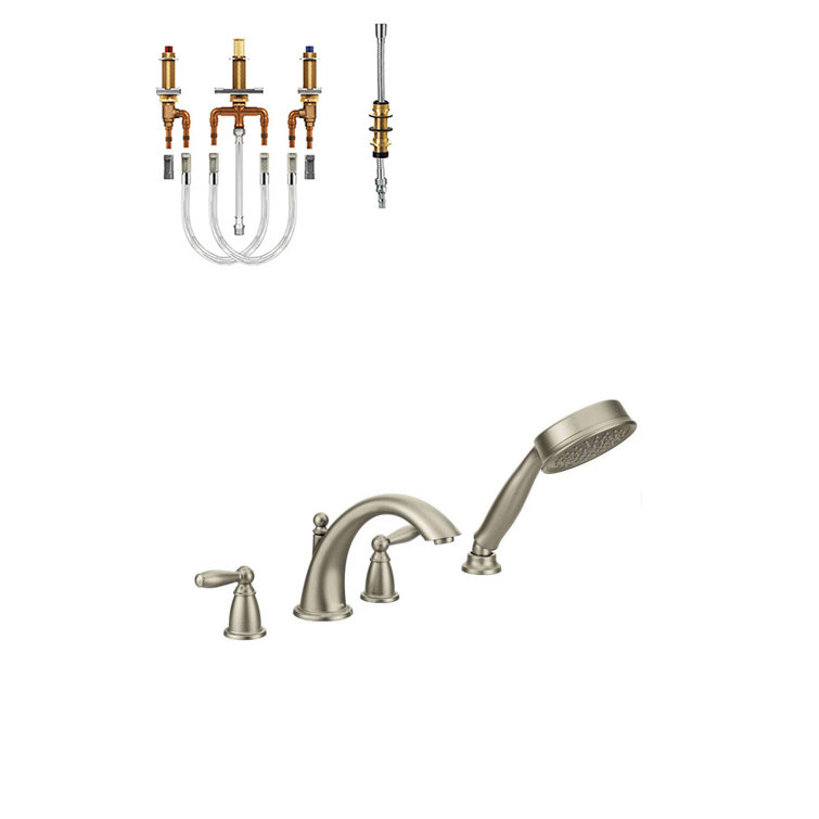 Brushed Nickel Double Handle Deck Mounted Roman Tub Faucet with Handshower