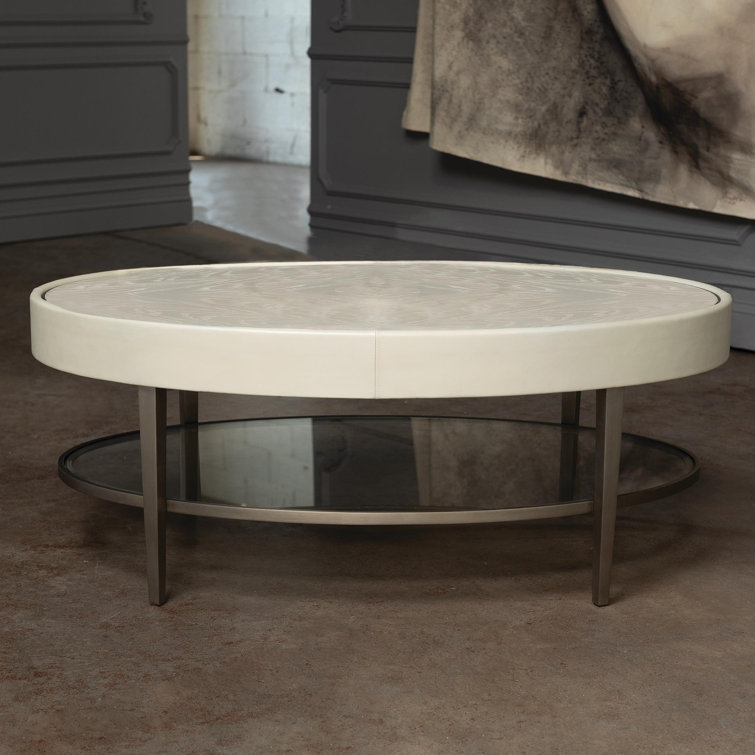 Ivory and Gray Oval Wood Metal Glass Coffee Table