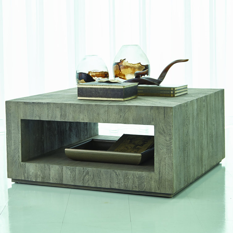Grey Sandblasted Square Wood Coffee Table with Starburst Marquetry
