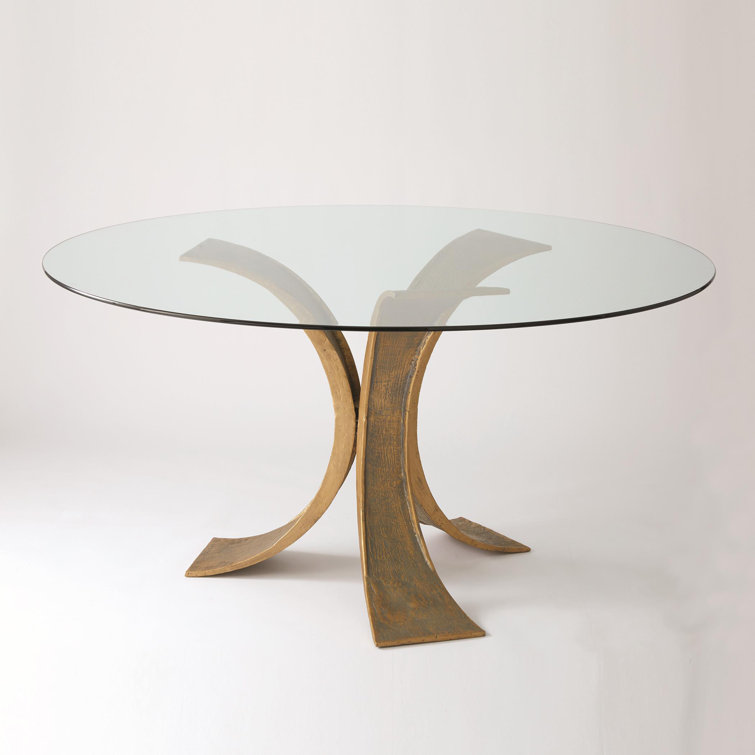 Elegant Lotus Round Glass Dining Table with Textured Cast Iron Base