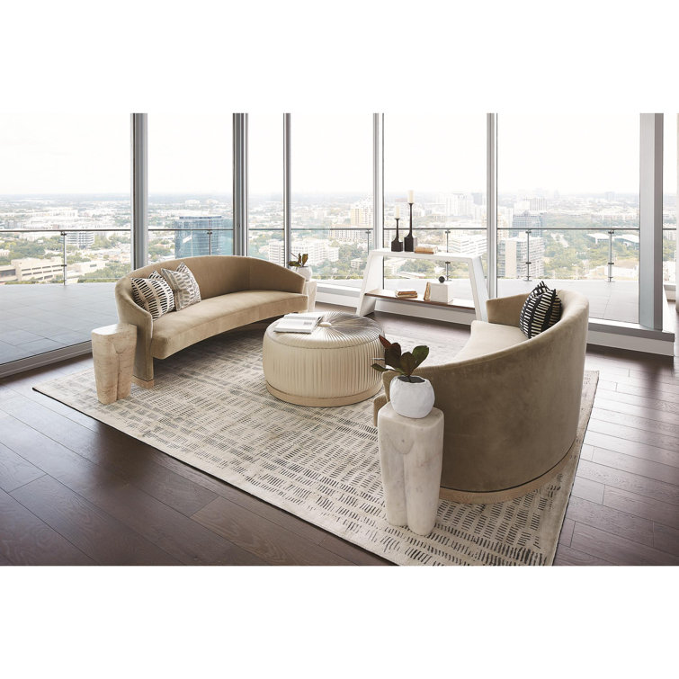 Ivory Top Grain Leather Round Ottoman with White Oak Base