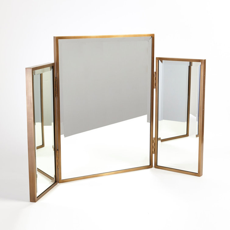 Classic Tri-Fold Horizontal Vanity Mirror in Antique Brass Finish