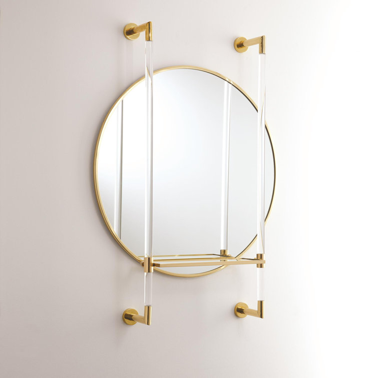 Elegant Round Brass Wall Mirror with Leather Shelf