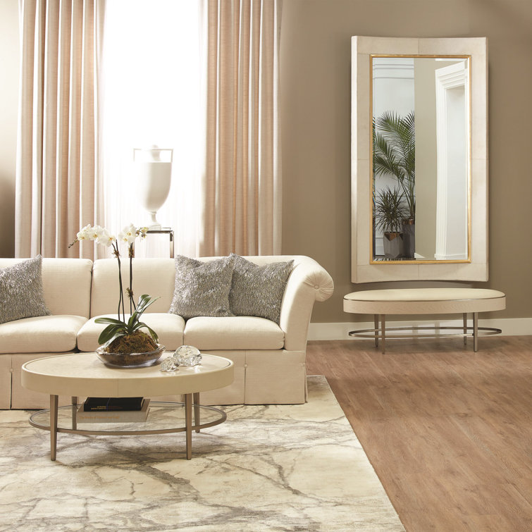 Ivory and Gray Oval Wood Metal Glass Coffee Table