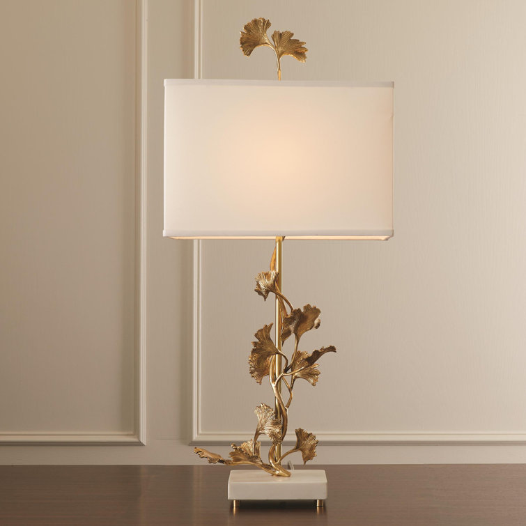 Elegant Ginkgo Solid Brass Table Lamp with White Polyester Shade