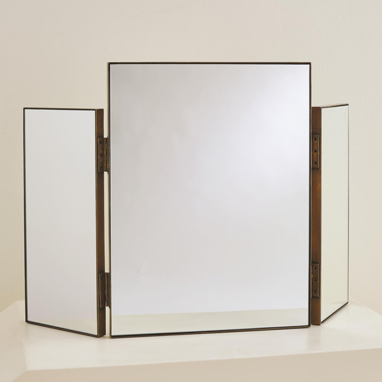 Classic Tri-Fold Horizontal Vanity Mirror in Antique Brass Finish